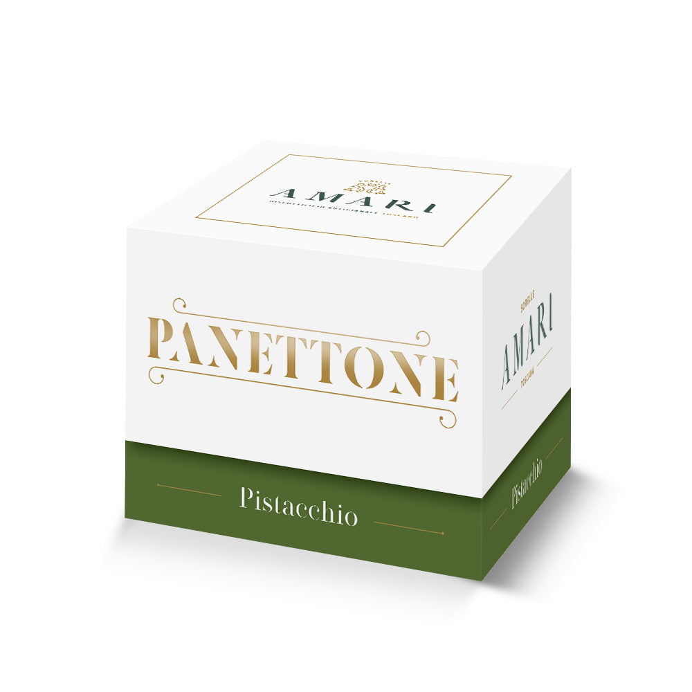 Panettone med pistaciecreme, hvid chokoladeglasur og pistaciegrøt box - 750 gr.