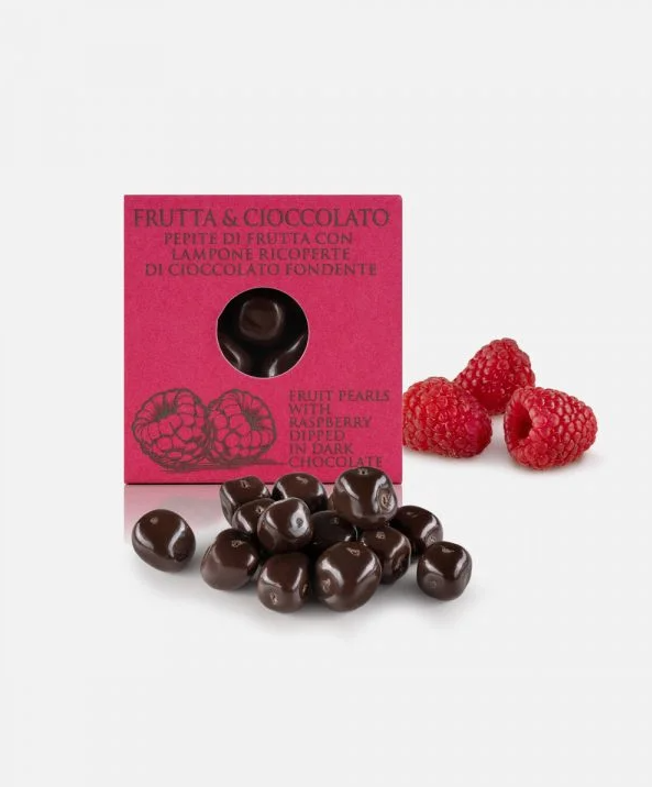 Fruit pearls with raspberry in 66% dark chocolate - 60 gr. - 11/23